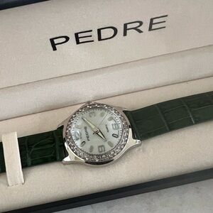 Women’s Watch Crystal Bezel Dark Genuine 
Leather Band - Green by Pedre